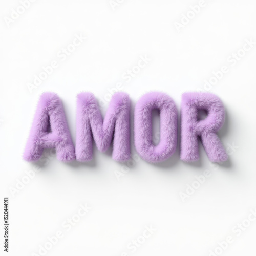 A creative text arrangement spelling Amor with fluffy purple texture against a clean background