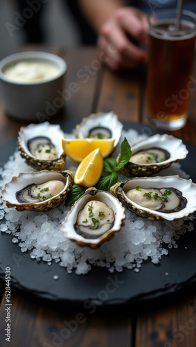 A beautifully styled platter of fresh oysters on ice, garnished with fresh herbs and lemon wedges. Perfect as a delicacy or for fine dining presentations, emphasizing elegance and freshness
