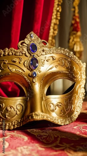 Wallpaper Mural Elaborate golden Venetian masquerade mask with blue and purple gems on an ornate red and gold fabric background Torontodigital.ca