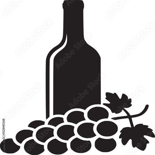 A black silhouette of a wine bottle with a bunch of grapes and leaves on a white background image