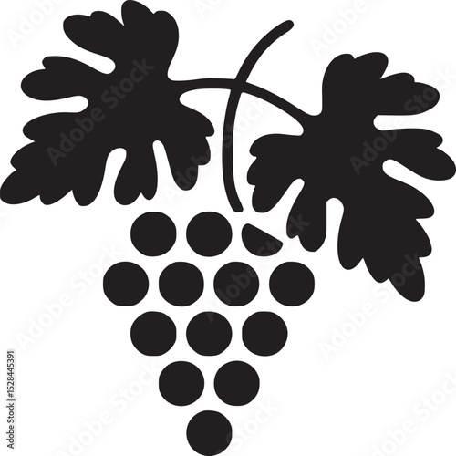 Illustration of a black grape bunch with two leaves on a white background in a simple graphic style