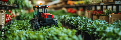 A miniature red tractor navigating rows of lush green produce in an indoor smart farm or vertical farm setting, highlighting modern agriculture.