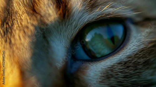 Close-up of a cat's eye reflecting nature in soft sunlight  