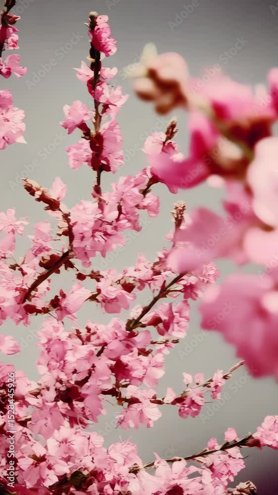 Close-up view of delicate pink flowers on a branch against a soft grey background, capturing the beauty of nature and floral elegance Close-up view of delicate pink flowers on a branch against a soft grey background, capturing the beauty of nature and floral elegance