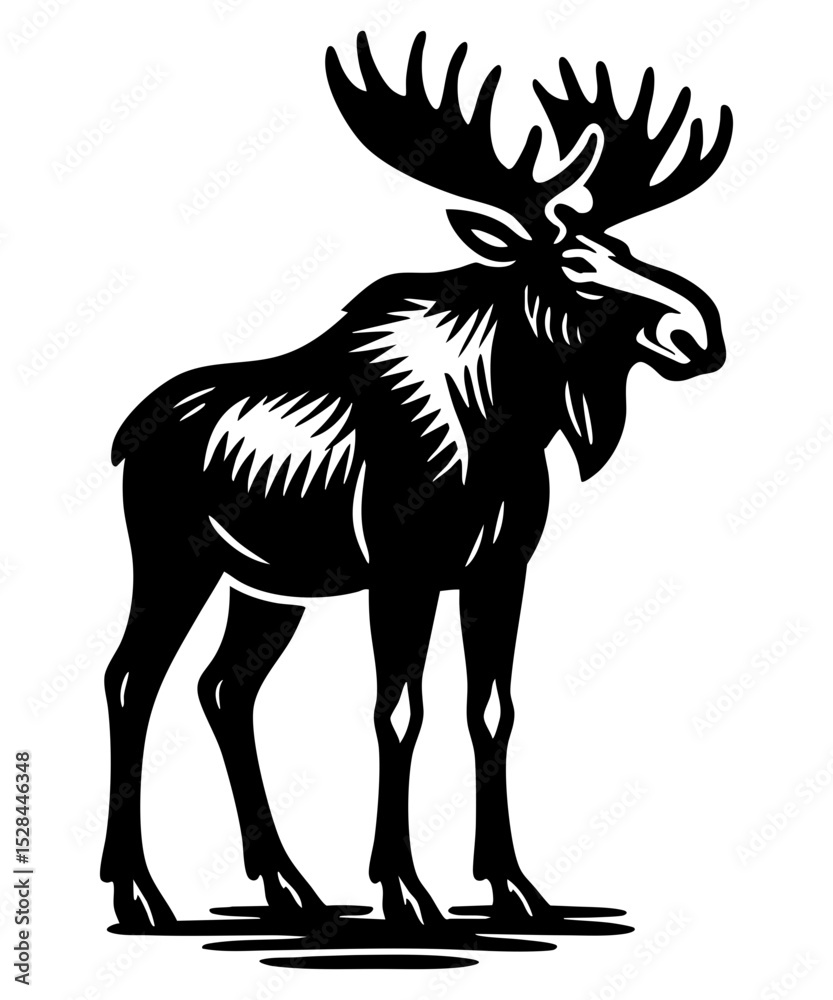 Fototapeta premium Black SVG linocut-style illustration of a moose with large antlers, isolated on transparent background. Vintage wildlife art perfect for print and design.