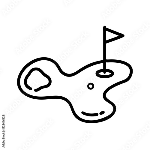 Minimalist golf course illustration with flag and pond design, icon, vector