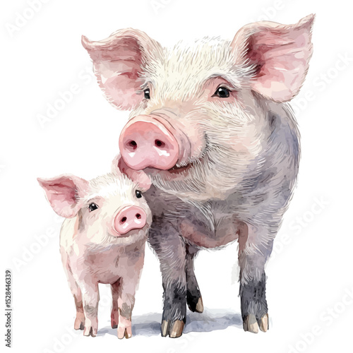 A Mother Pig With Her Kid, watercolor clipart vector, high quality, isolated on a white background.