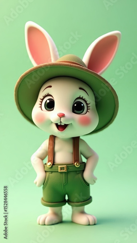 Cute 3D cartoon bunny character wearing explorer outfit with green hat and shorts, smiling on pastel background, playful children’s illustration
