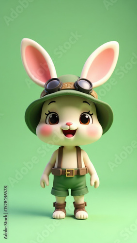 Cute 3D cartoon bunny character wearing explorer outfit with green hat and shorts, smiling on pastel background, playful children’s illustration