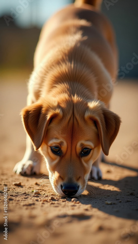 A brown dog cautiously lowering its snout to the ground, examining its surroundings in a sunny outdoor environment, illustrating curiosity and attentiveness