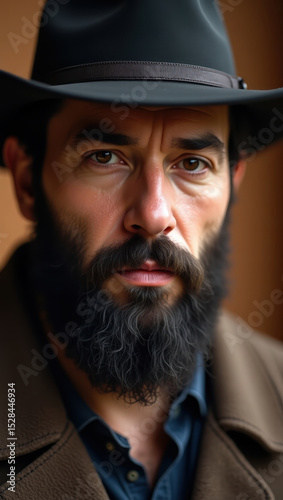 A detailed close-up portrait showcasing a man with a beard, a stylish black hat, and sharp features, radiating confidence and mystery