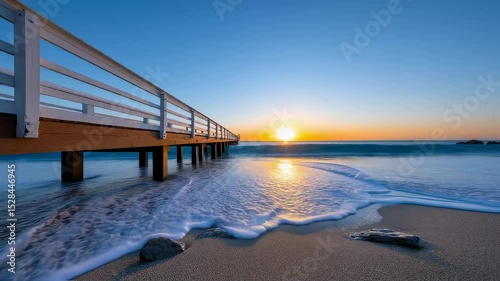 Scenic pier extending into ocean under sunrise at the beach  