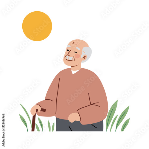 Elderly caucasian man enjoying sun and good weather outdoors. Active aging and mental well-being for seniors,