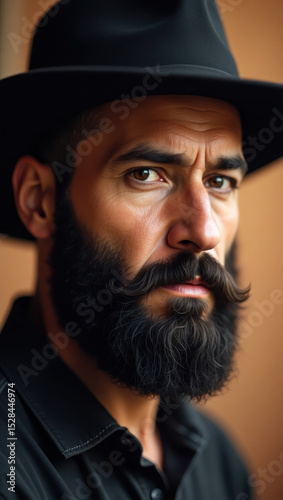 A detailed close-up portrait showcasing a man with a beard, a stylish black hat, and sharp features, radiating confidence and mystery