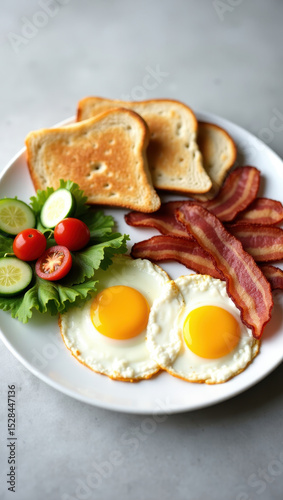 A vibrant breakfast plate featuring crispy bacon, sunny-side-up eggs, toasted bread, and fresh vegetable garnish, perfect for starting the day with a nutritious and visually appealing meal