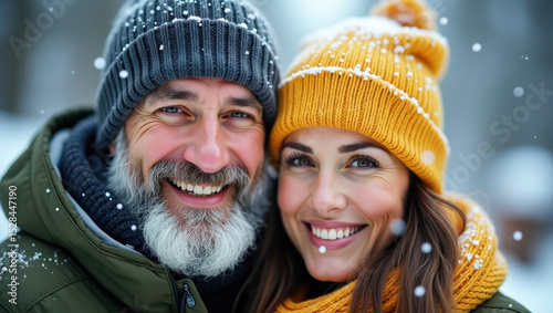Happy couple dressed in winter attire enjoying a snowy day outdoors. Their cheerful expressions and cosy clothing reflect happiness and love in the cold wintertime