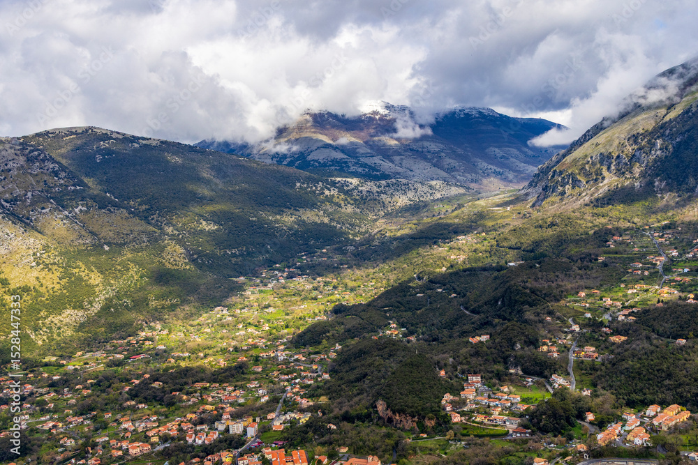 Obraz premium Italy, Basilicata, Maratea. Overview of Maratea from Monte San Biagio, location of the Christ The Redeemer statue.