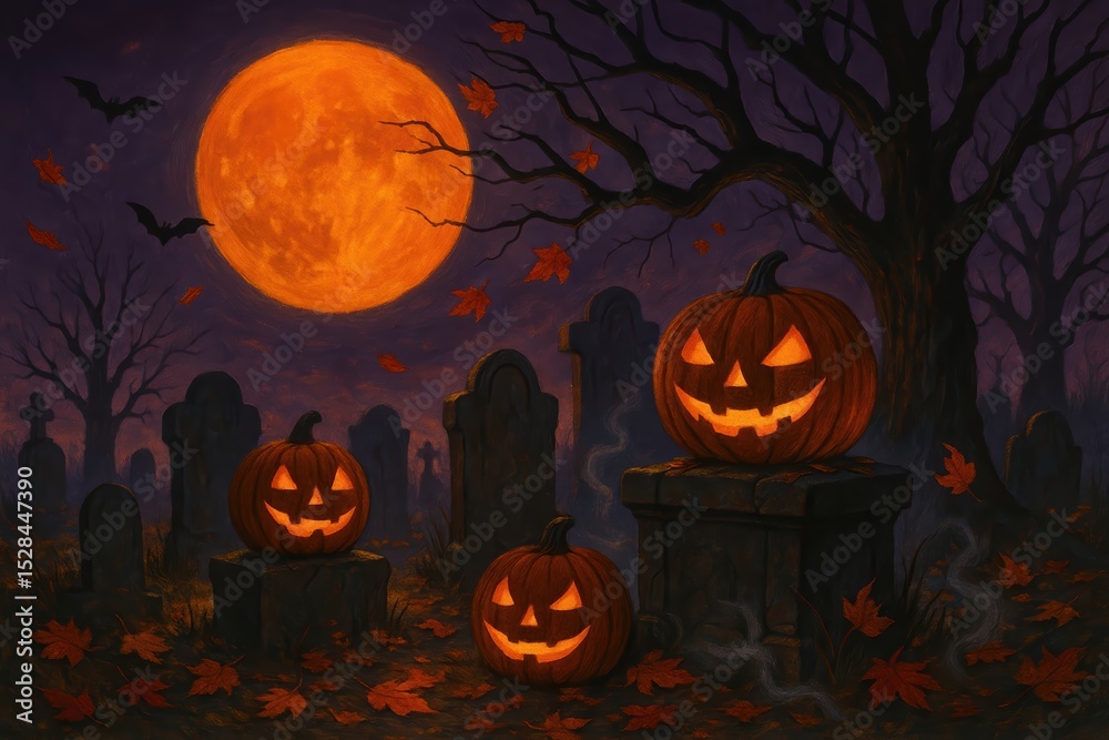 Fototapeta premium Spooky Halloween Night With Glowing Jack-O-Lanterns in an Eerie Graveyard Under a Full Moon