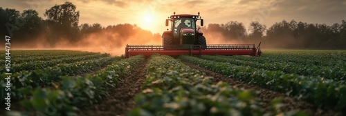 A red tractor cultivating a field of green crops at sunset, with a misty atmosphere and warm light, symbolizing modern agricultural practices.