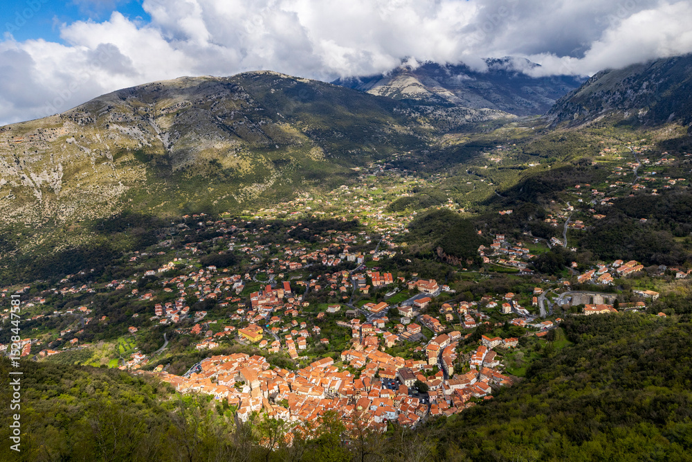 Fototapeta premium Italy, Basilicata, Maratea. Overview of Maratea from Monte San Biagio, location of the Christ The Redeemer statue.