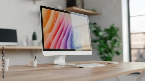 Modern desktop computer on wooden table in bright office environment  