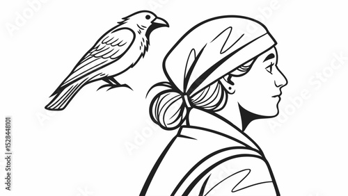 Woman in headscarf with bird black and white line art
