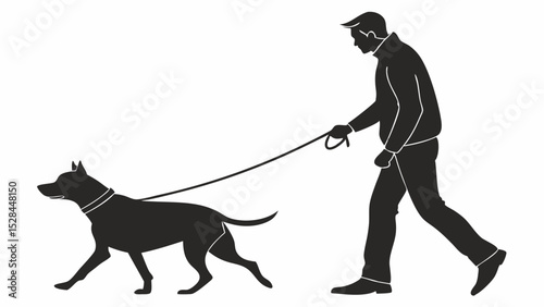 Silhouette of Man Walking Dog on Leash Side View