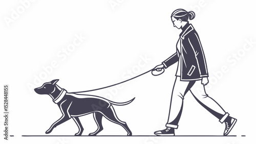 Woman Walking Dog on Leash in Minimalist Illustration