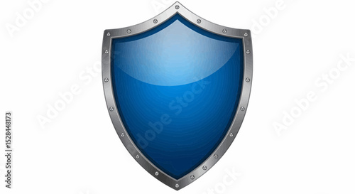 A high-quality, realistic image of a shiny blue shield with a pointed base and a rounded top. It features a metallic silver finish with spikes and light reflections, ideal for vector use.