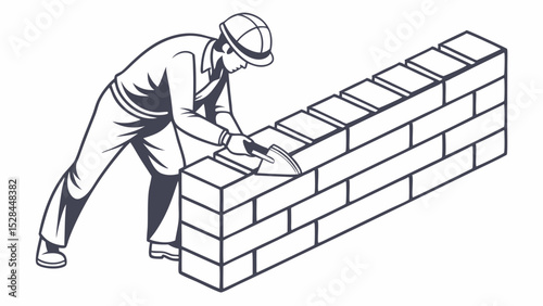 Construction Worker Building a Brick Wall with Trowel