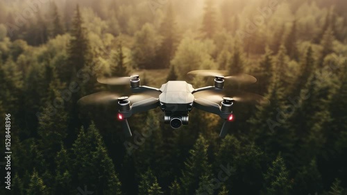 Drone flying over dense forest during sunset  