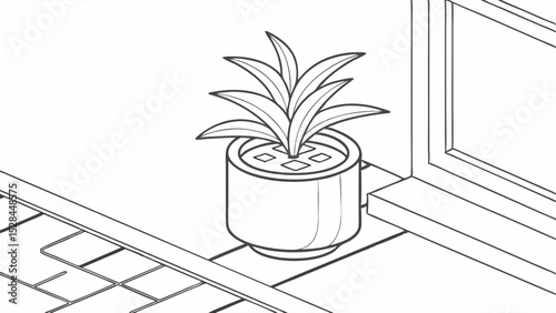 Potted Plant on a Table Near a Window Line Art Illustration