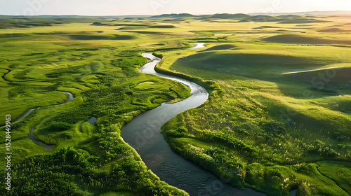 Aerial View of Serpentine River Winding Through Lush Green Landscape