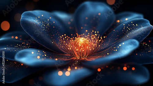 Luminous Blue Flower with Glowing Orange Center - Abstract Floral Art