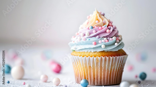 Pastel Cupcake with Sprinkles on White Background