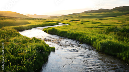 Serene Sunset Over a Grassy River Valley