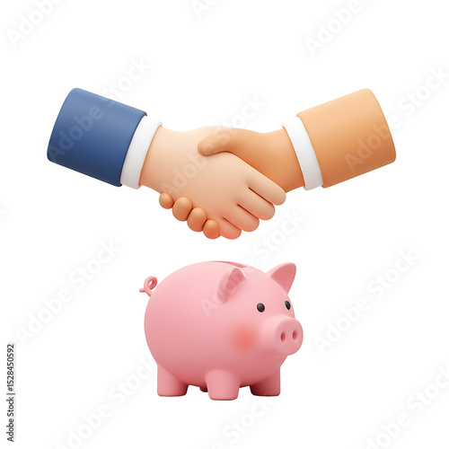 Cartoon Handshake Above a Pink Piggy Bank Financial Agreement Concept