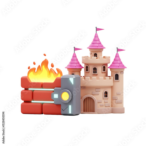 Cartoon castle protected by a firewall with glowing elements and burning flames