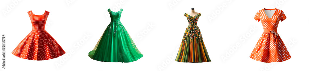 Obraz premium Elegant vintage dresses displayed in fashion glamorous style. Cut out png set