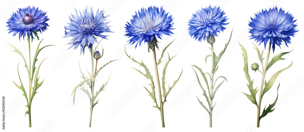 Fototapeta premium PNG Vibrant blue cornflower blossoms, element set on transparent background
