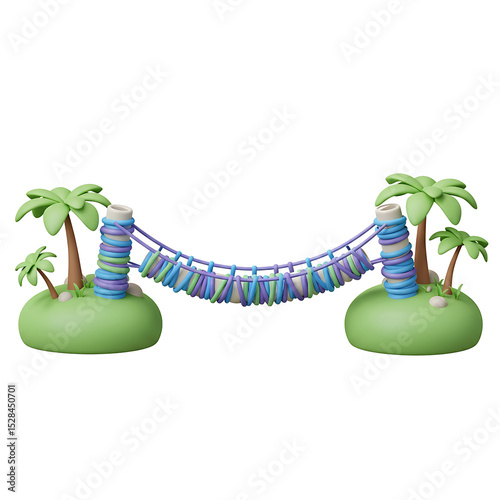 Cartoonish Islands Connected by a Colorful Rope Bridge with Palm Trees