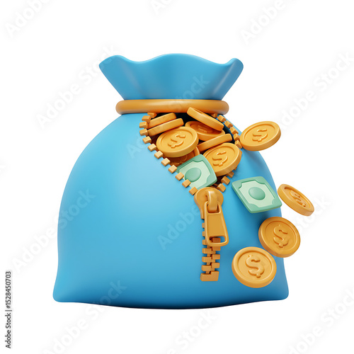 Cartoonish Blue Money Bag with Gold Coins and Green Bills Overflowing