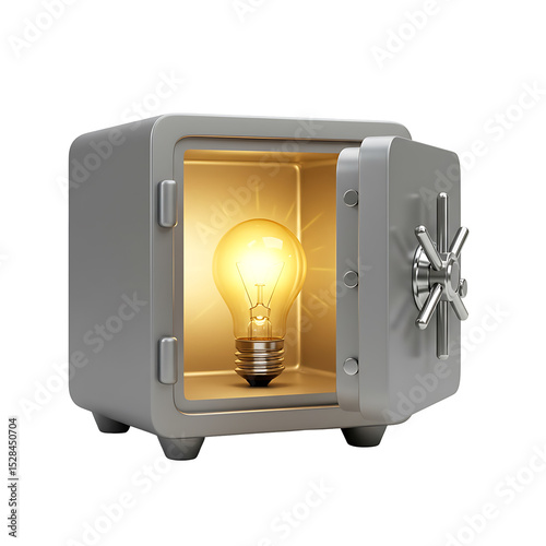 Glowing Lightbulb Inside Open Safe Symbolizing Secure Ideas and Innovation