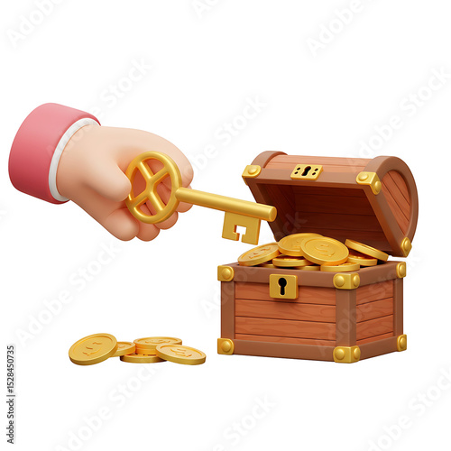 Cartoon Hand Unlocking Wooden Treasure Chest with Golden Key and Coins