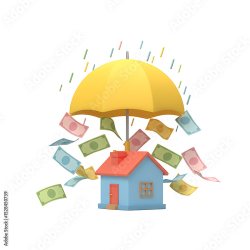 Cartoon House Protected by Yellow Umbrella from Money Rain Financial Security