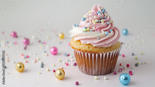 Pink and White Cupcake with Pastel Sprinkles