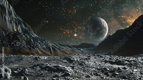 Alien Planet Landscape with Moon and Starry Sky