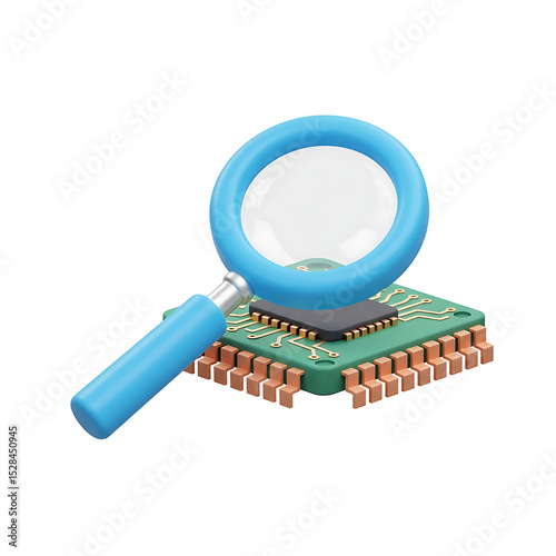 Magnifying glass over a green circuit board with copper pins and black chip