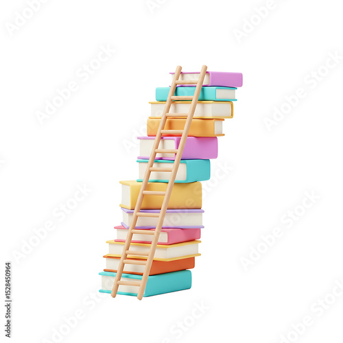 Pastel Books Stacked with Wooden Ladder A Colorful Education Concept