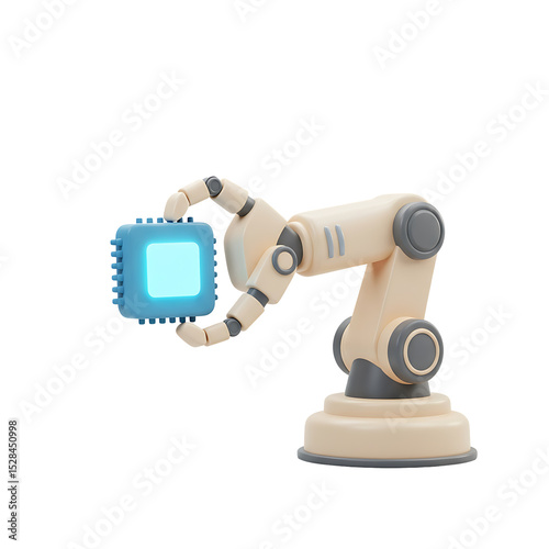 Robotic Arm Holding a Glowing Blue Microchip with Precision Grip